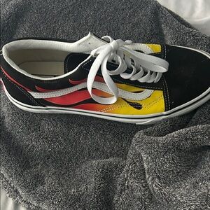 Vans Black Sneakers with Red and Yellow Flame Design